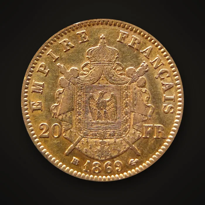 Rückseite einer 20-Francs-Goldmünze Napoleon III. von 1869 mit BB