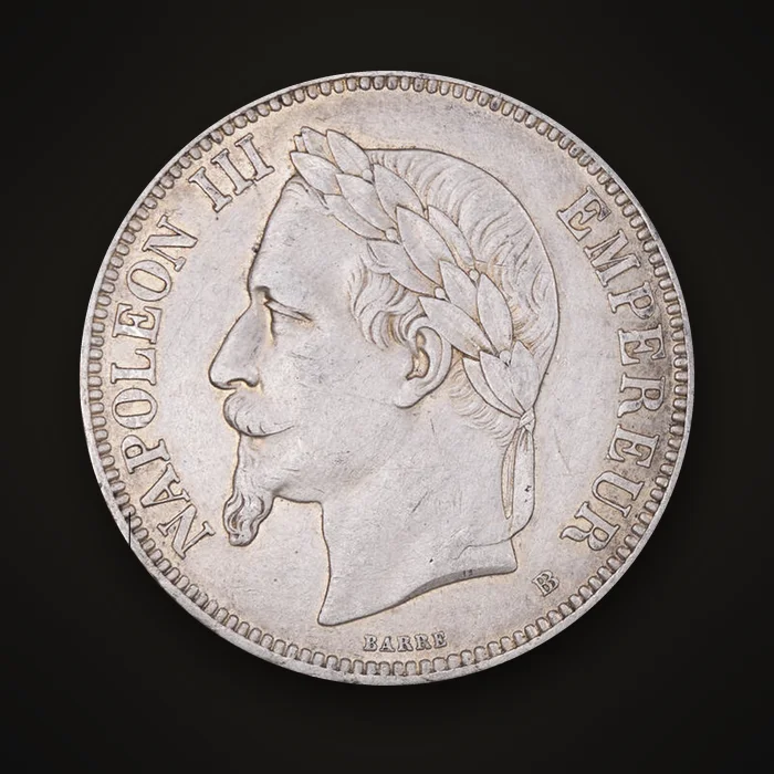 5-Francs-Münze Napoleon III. von 1870, in Straßburg geprägt