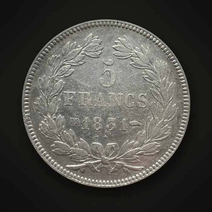 Rückseite einer 5-Francs-Münze Louis-Philippe von 1831, in Straßburg geprägt