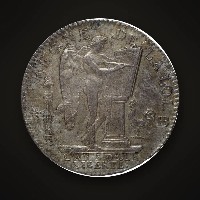 Rückseite eines konstitutionellen Écu von 1793 mit dem Genius, in Straßburg geprägt