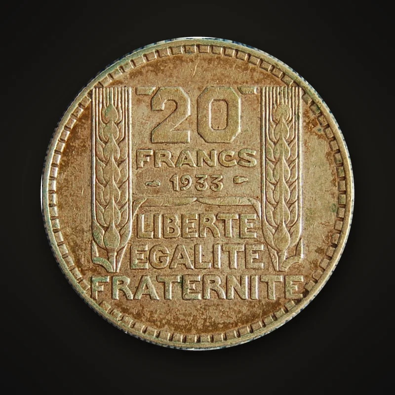 20 francs Turin de 1933, revers : valeur entre deux épis de blé