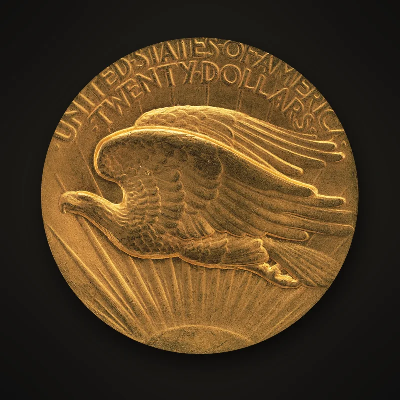1907 Saint-Gaudens $20 gold coin, reverse: eagle in flight above a rising sun
