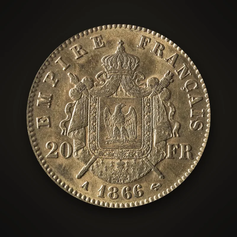 1866 20 francs gold coin, mint mark A, reverse with the imperial arms