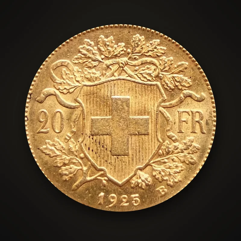 20 francs or suisse Vreneli de 1925, revers : écu à croix suisse entre des branches de chêne