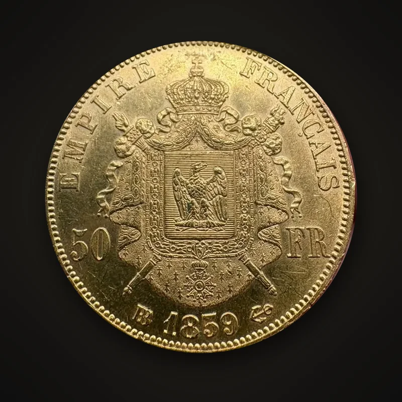 50 francs or 1859 frappée à Strasbourg, lettres BB, revers