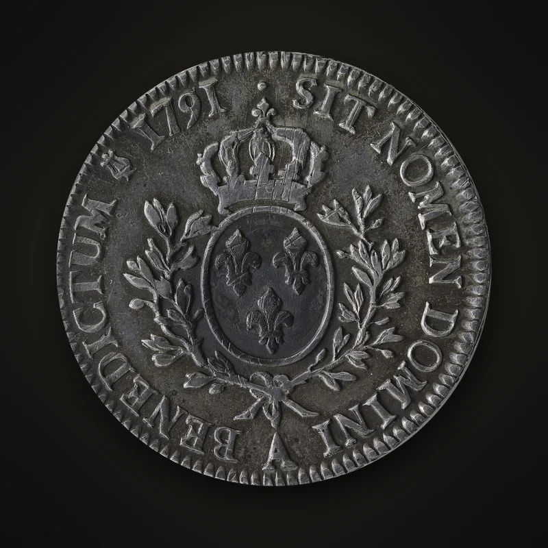 Écu aux lauriers de 1791, revers : écu aux trois lis couronné entre deux branches de laurier