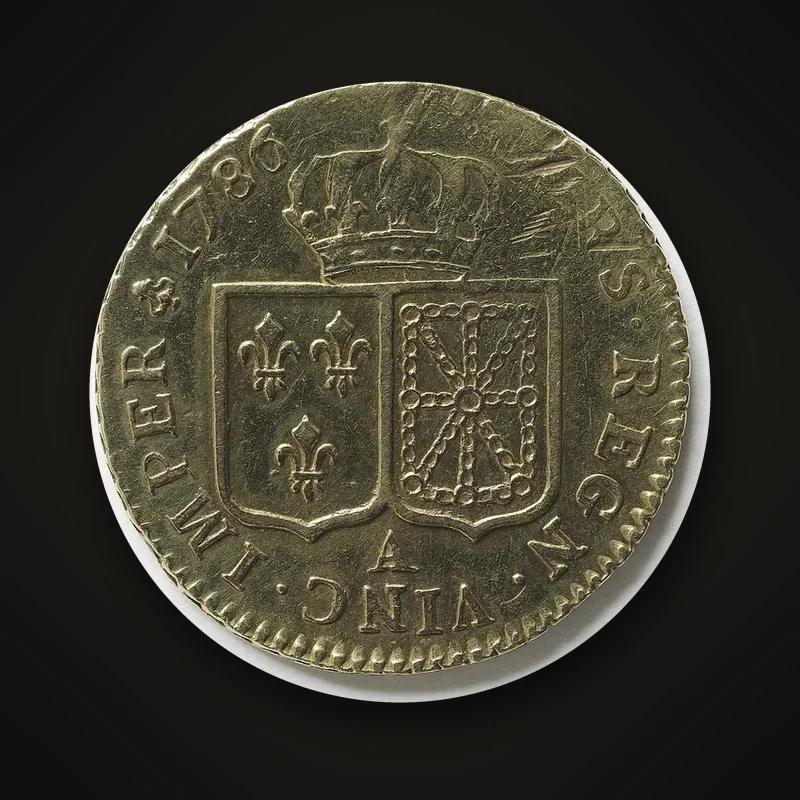 Louis d'or 1786, Rückseite mit den aneinandergefügten Wappenschilden von Frankreich und Navarra
